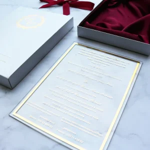Luxury Transparent Handmade 5*7 Inches Acrylic Wedding Card Invitation with Angel & Cross Design Ribbon and Box for Wedding