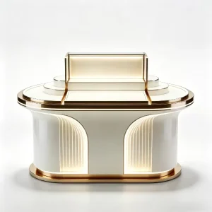Luxury White Oval Pedestal Showcase with Glowing Grooved Walls and Tiered Display Surface for Upscale Boutique
