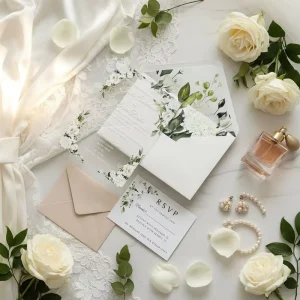 Luxury White Roses & Foliage Acrylic Wedding Invitation Custom Gold Foil RSVP Card Envelope Elegant Invite Set