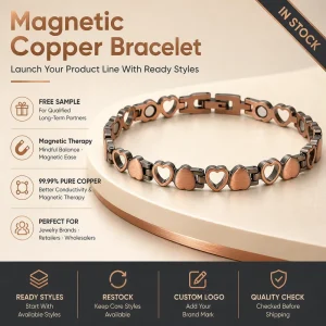 Magnet Jewelry Pure Copper Magnetic Therapy Jewelry Chain Link Bracelet with Heart Design Magnetic Inserts Custom