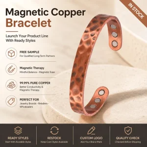 Magnet Jewelry Pure Copper Magnetic Therapy Jewelry Vintage Hammered Adjustable Open Cuff Bangle Bracelet Custom