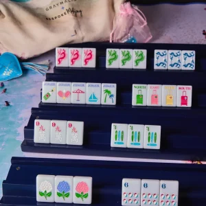Mahjomh Ocean Blue American Mahjong Tiles 160 Pieces with Creative Beach Ball and Suitcase Vacation Motifs