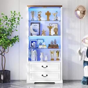 Manufacturer Eco-Friendly Heavy-Duty Clear Glass Door Metal Display Cabinet Freestanding Showcase with Drawers and LED