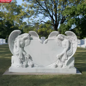 Marble Double Angel Heart Tombstone Hand Carved White Marble Monument For Cemetery Memorial Supplier