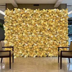 Marigold Yellow Flower Wall Backdrop 5D with Realistic Silk Flowers Greenery for Indian Wedding Ceremony Stage Decor