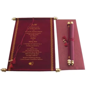 Maroon Velvet Handmade Paper Velvet Scroll Wedding Invitation | Gold Tassel Invite (11×8.5 Inches)