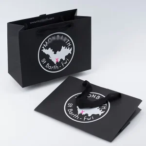 Matte Black Coated Shopping Bags with Print Logo for Fashion & Beauty