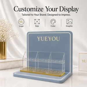 Matte Dusty Blue Rounded Corner Acrylic Easy Assembly Lip Gloss Display Stand Gold Trim Multi Grid Hole Rack