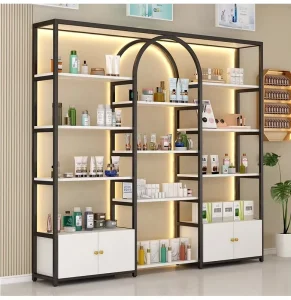 Metal Multi-Layer Lighted Cosmetic Display Cabinet for Beauty Salons