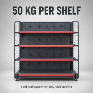 Metal Pegboard Display Shelf Rack Perforated Retail Gondola Shelving Freestanding Supermarket Gondola Shelves