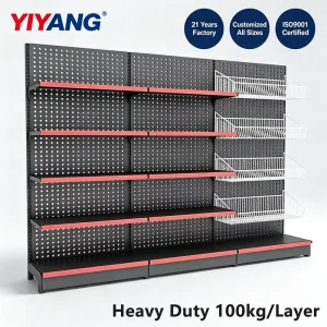 Metal Pegboard Merchandising Rack With LED Brand Header Wire Basket Display Stand for Hardware Accessory Store