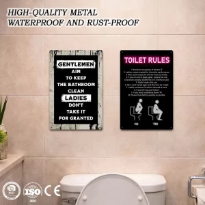 Metal Poster Low Moq Toilet Rules Slogan Retro Metal Tin Signs Vintage Funny Quotes for Home Bathroom Iron Wall Decor