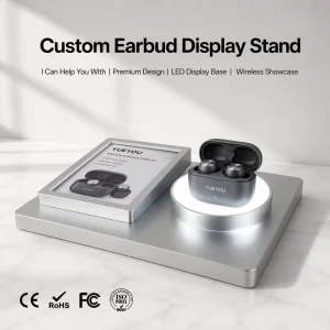 Metallic LED Light Foldable Modern Earbuds Display Stand Replaceable Info Card Frame Custom Wireless Earphone Retail Display