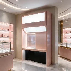 Millennial Pink Floor Standing Retail Display Unit Top Light Box Recessed Window Counter Freestanding Boutique Showcase