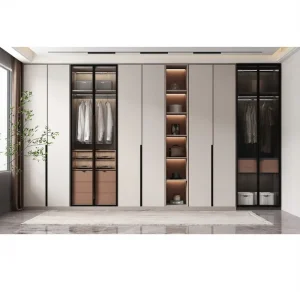 Minimalist 3 Zone Wardrobe Light Glass Black Frame Hanging Display Drawers Warm Lighting