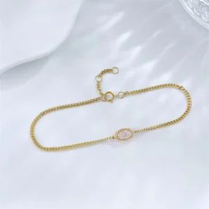 Minimalist Dainty Four Prong Oval Fancy Colored Pink Lab Grown Diamond Adjustable 18K Yellow Gold Bracelet Women
