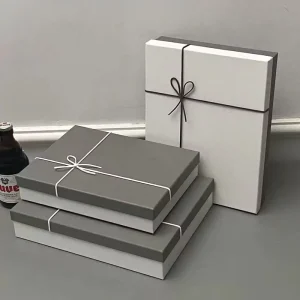 Minimalist Gift Boxes, Gray White Design with Ribbon Bow, Custom Logo Available, Multiple Sizes