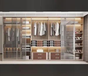 Minimalist Glass Sliding Wardrobe 3 Zone Smart Storage Hanging Folding Shoe Rack Built in Lighting Light Wood Tone