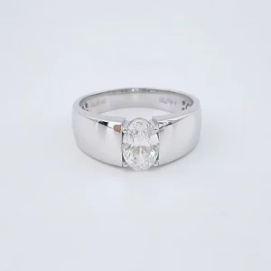 Minimalist Oval Cut Simple Straight Shank Wide Band 18K White Gold Lab Diamond Ring