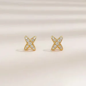 Minimalist Small Full Diamond X Shape Cross 18K Yellow Gold Lab Grown Diamond Stud Earrings Magnetic Earrings Flat Back Earrings