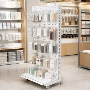 Mobile Adjustable Epoxy Powder Coated Pegboard Display Rack Hooks Metal Retail Stand Single Sided Supermarket Shelf for Retail