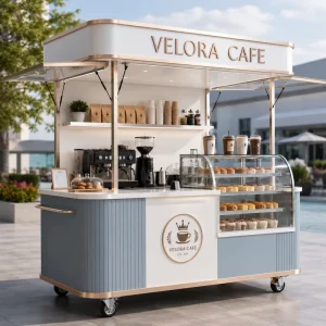 Mobile Coffee Cart Outdoor Coffee Kiosk with Canopy Bakery Display Case for Street Food Vending Commercial
