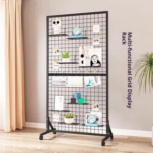 Mobile Metal Mesh Storage Rack, Artwork Decoration Display Rack, Movable Wall Panel, Green Plant Display Rack, Fenced with Wheels