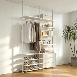 Modern Aluminium Tension Open Wardrobe Five Tier Adjustable Floor to Ceiling Punch Free Open Storage Closet Hanging Rail Display