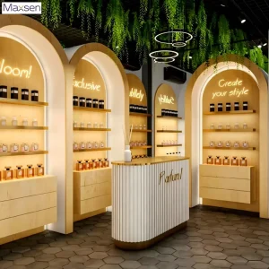 Modern Arched Perfume Display Stand LED Lit Curved Ribbed Shelves Retail Shops Malls Custom