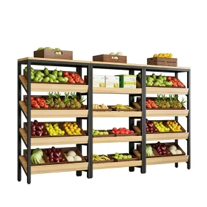 Modern Black Metal Display Rack with Symmetrical Three-Column Design and Wood-Effect Trays for Supermarket Produce Section