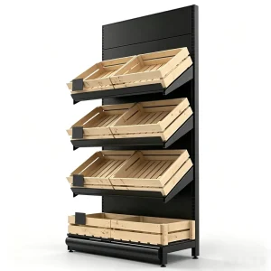 Modern Black Metal Produce Display Rack with Solid Back Panel and Wood Grain Slatted Bins for Supermarket and Grocery Store