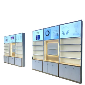 Modern Cell Phone Store Display Fixture Wall Mounted Showcase LED Lighting Storage Cabinets Heavy Duty Aluminium Retail Store