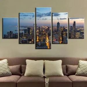 Modern City Night Scene Canvas Wall Art Poster Five Photographs Printing Living Room Wall Decoration