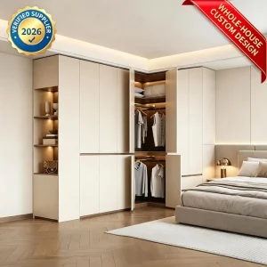 Modern Cream Minimalist L Shaped Walk in Closet with Open Zones & Drawers Luxury Master Bedroom Wardrobe Solution