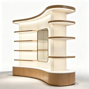 Modern Curved Display System with Integrated Oval Mirror and Wood Effect Accents for Women’s Boutique Store