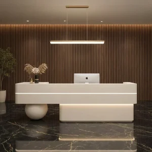 Modern Curved Reception Desk Counter Arc Design LED Strip Ball Foot E1 Eco Board Beauty Salon Hotel Office Custom OEM