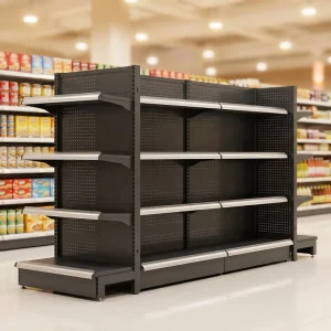 Modern Double Sided Metallic Heavy Duty Custom made Supermarket Display Stand Retail Shelving