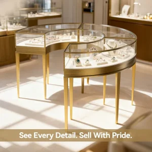 Modern Glass Jewelry Showcase with Lockable Access and Metal Frame for Jewelry Boutique Interior Design and Shopfitting