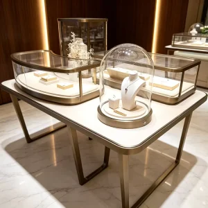 Modern High End Jewellery Display Stand Curved Metal Frame Glass Dome LED Display Racks for Diamond Necklace Ring Mall Store
