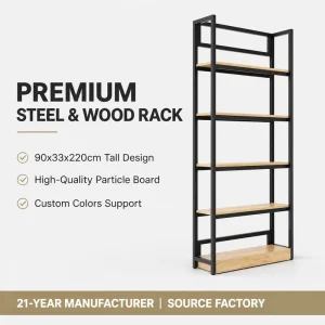 Modern Industrial Bookshelf Tall Steel Wood Rack with Open Shelves Versatile Home Office Living Room Display