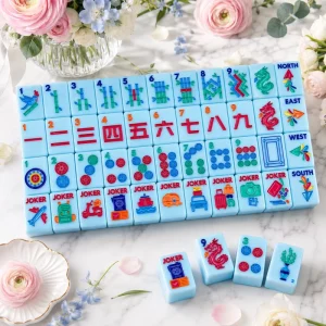 Modern Light Blue Embossed Theme Mahjong Set Travel Portable Acrylic Mahjong Tile Game for Social Leisure Fun Gift