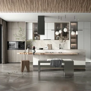 Modern Light Wood Kitchen Cabinet Set with Glass Display and Marble Island