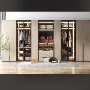 Modern Light Wood Wardrobe Black Frame Smart Lighting Multi Zone Storage Hanging Folding Drawer System