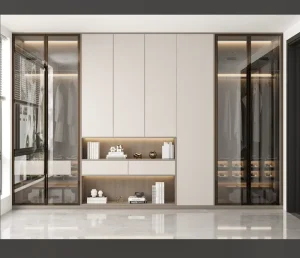 Modern Luxury Built in Wardrobe Light Beige Dark Brown Frame Glass Doors Open Shelf With Warm Light