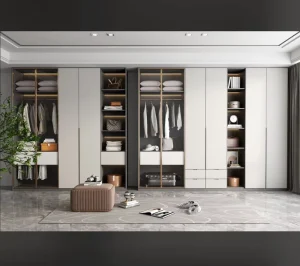 Modern Luxury Built in Wardrobe Light Tone Metal Frame Open Display Closed Storage Recessed Lighting With Ottoman Greenery