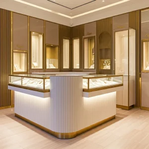 Modern Luxury Gold LED Metal Display Cabinet Kiosk Stand with Jewelry Showcase Eco Friendly Customizable