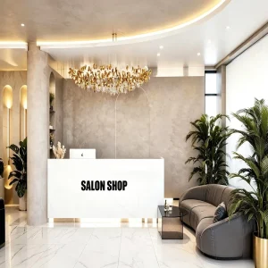 Modern Luxury Hair Salon Interior Design and Custom Salon Furniture with Wood Stone and Champagne Gold Metal Full Store Fit Out