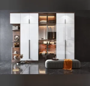 Modern Luxury Wardrobe Wood Open Shelf White Glass Doors Hanging Folding Storage With Gray Bench Orange Blanket