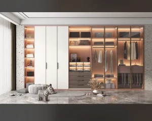 Modern Luxury Whole House Custom Dual Zone Wardrobe White Doors Glass Display Open Storage With Warm Lighting Marble Floor