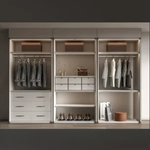 Modern Minimalist Light Beige 3 Zone Wardrobe Hanging Drawers Shoe Storage With Metal Handles